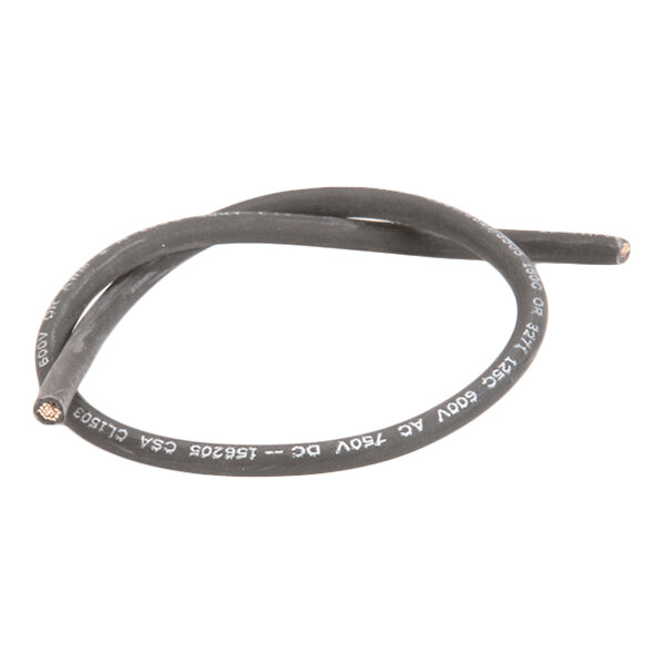 A coiled black electrical wire with printed white text along its length and exposed copper strands at one end.