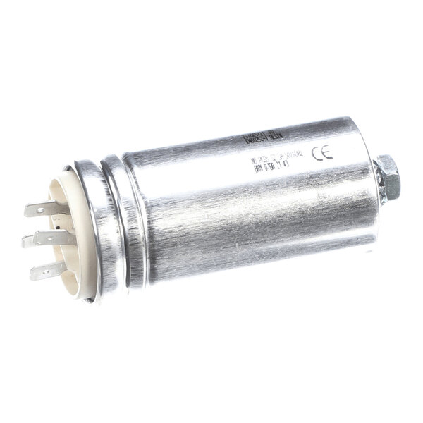 A cylindrical metallic component with a plastic base featuring four metal prongs and a threaded bolt on the opposite end.