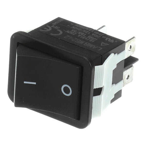 A black rectangular rocker switch with on/off symbols and metal prongs for electrical connections.