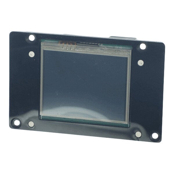 A rectangular electronic display module mounted on a black plate with four screw holes at the corners.