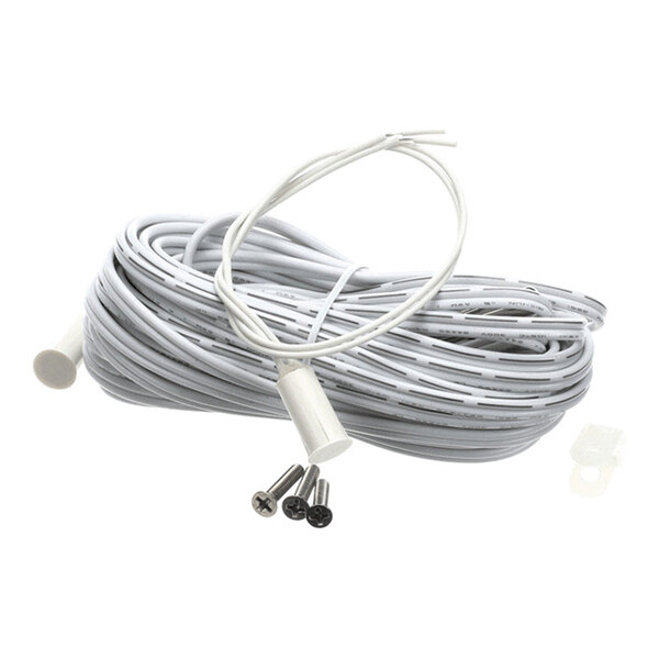 A coiled white cable with cylindrical sensor ends, accompanied by three screws and a small plastic clip.