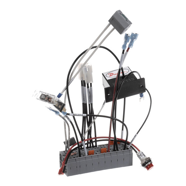 A wiring harness assembly with multiple connected wires, terminals, and electronic components mounted on a gray base.