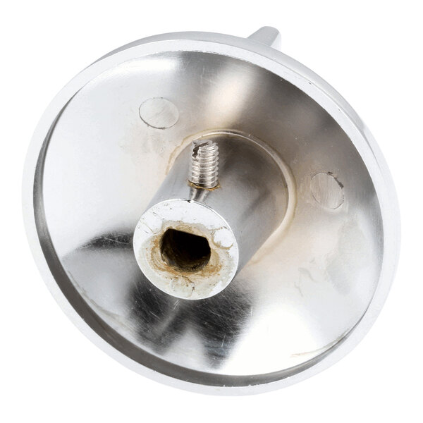 A metallic, circular knob with a central shaft and a set screw, viewed from the back side.