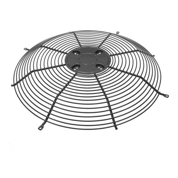 A round, black metal wire guard with a central mounting plate and several attachment points around the edge.