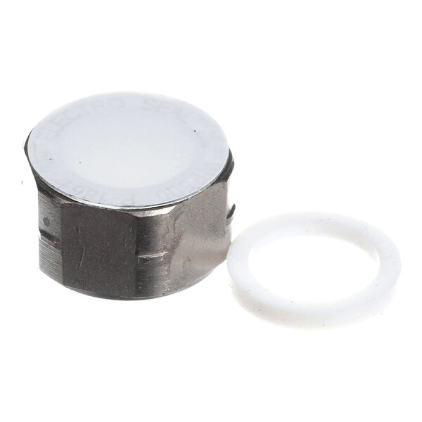 A small cylindrical metal component with a white circular top, accompanied by a white ring gasket.