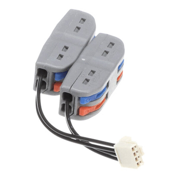 A gray plastic wiring harness with two connectors, each featuring blue and orange levers, and three black wires leading to a white plug.
