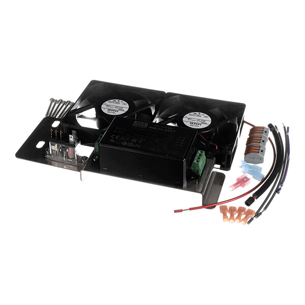 A metal mounting plate with two black cooling fans, an electronic control unit, wiring, connectors, and various small electrical components.