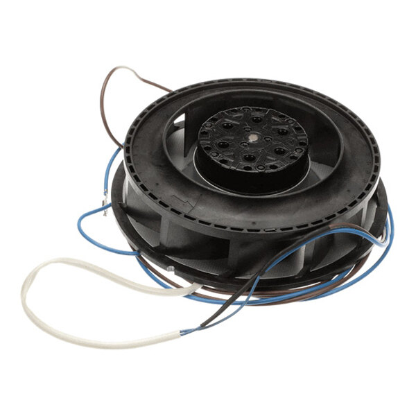 A black circular fan component with attached blue, brown, and white electrical wires.