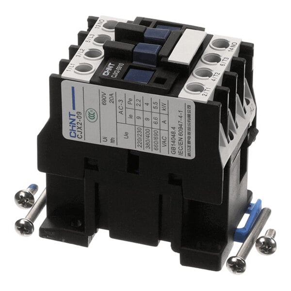 A black and white electrical contactor with labeled terminals and two mounting screws placed beside it.