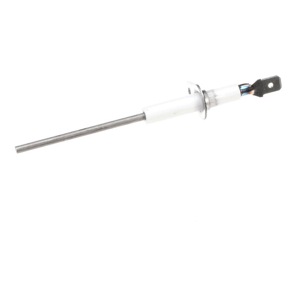 A metal rod with a white ceramic insulator and a flat metal terminal at one end, likely a sensor or probe component.