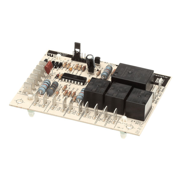 An electronic circuit board featuring various components such as resistors, capacitors, relays, and connectors mounted on a light-colored PCB.