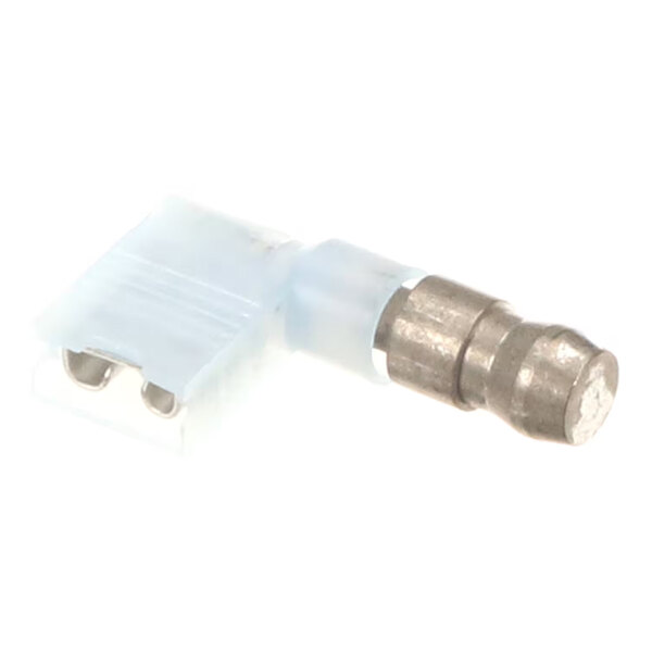 A small, right-angle metal and plastic electrical connector with a cylindrical end and a translucent blue housing.
