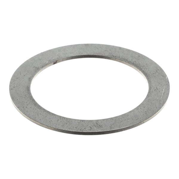 A flat, circular metallic washer with a central hole, viewed from an angle.