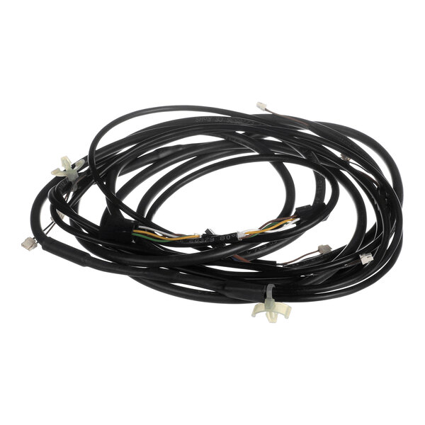 A coiled black cable with multiple connectors and some exposed colored wires.