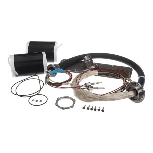 A collection of various mechanical and electrical components, including wires, connectors, gaskets, and metal fittings, arranged on a white background.