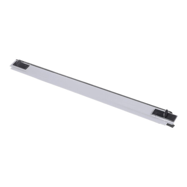 A long, narrow, rectangular metallic or plastic component with black end fittings, photographed on a white background.