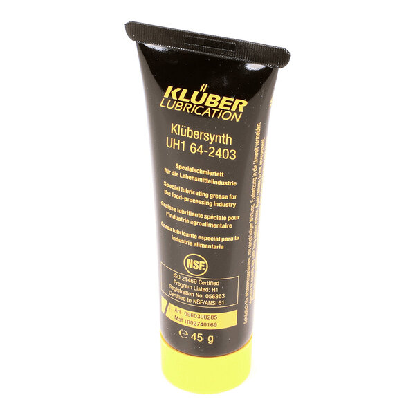 A black and yellow tube labeled 'Klüber Lubrication Klübersynth UH1 64-2403,' containing special lubricating grease for the food-processing industry.