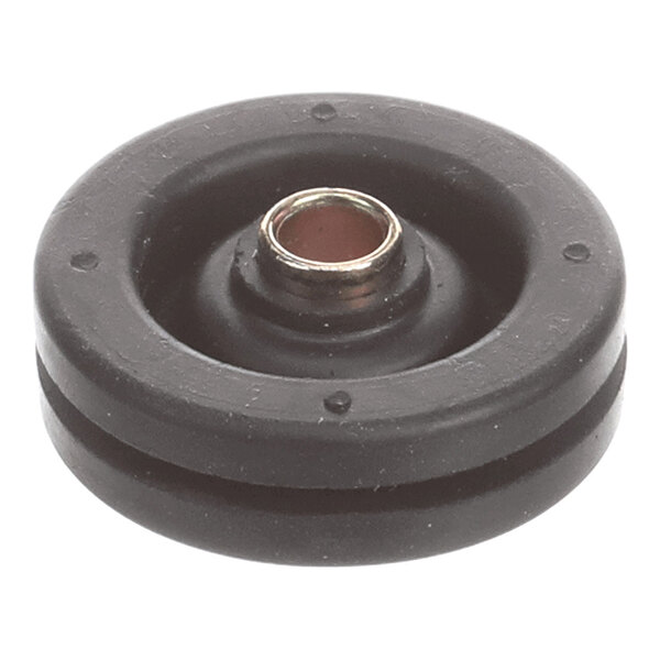 A round, black rubber-like grommet with a central metal-lined hole.