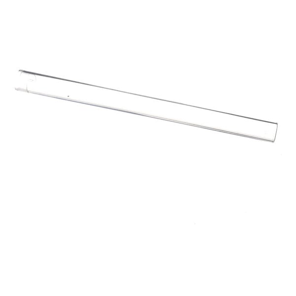 A long, clear, cylindrical tube with a slight bend at one end, photographed on a white background.