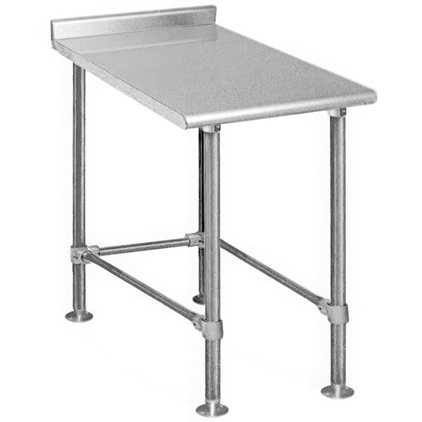 A close-up of an Eagle Group stainless steel equipment filler table with legs.