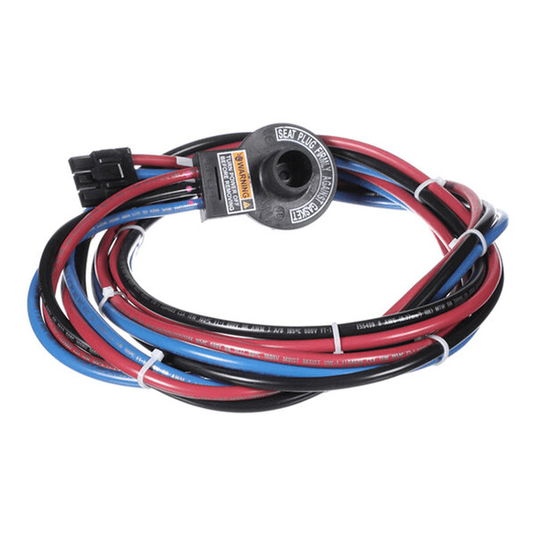 A coiled bundle of red, black, and blue electrical wires with connectors and a circular black component attached.