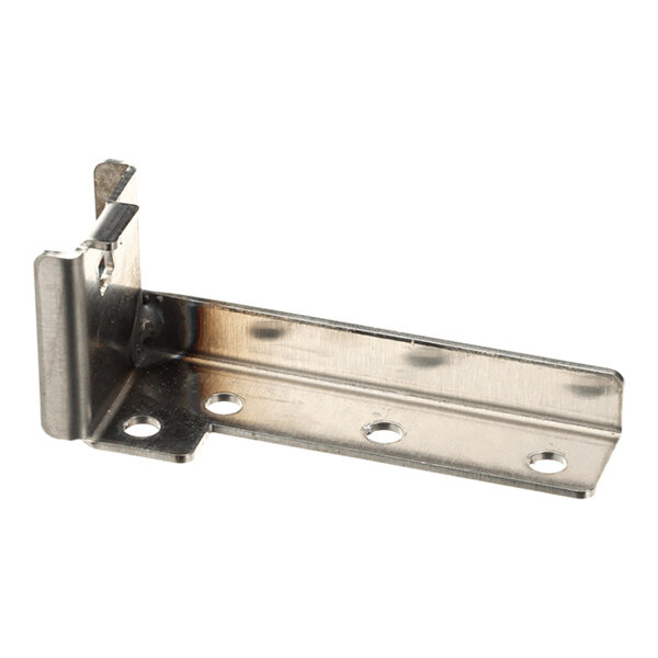 A metal bracket with multiple holes and a bent end, likely used as a hinge or mounting hardware.