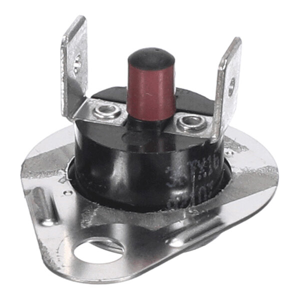 A small round metal and plastic switch with two upright metal terminals and a red button in the center, mounted on a metal base with screw holes.