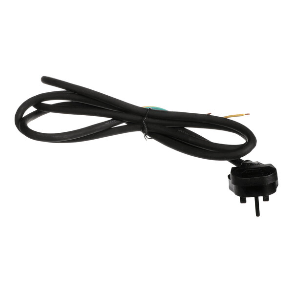 A black electrical cord with a UK BS1363 plug on one end and exposed wires on the other.
