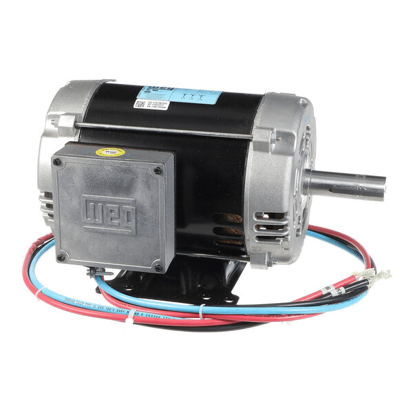 A cylindrical electric motor with a black body, silver end caps, attached wiring, and a protruding shaft.