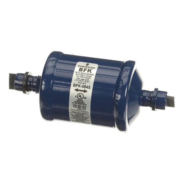 A cylindrical blue metal component with a label and two connectors on either end.