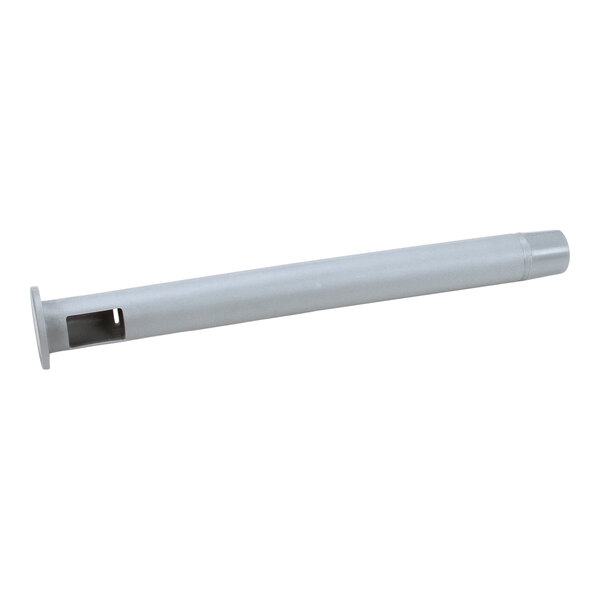 A cylindrical metal pipe with a flange on one end and a rectangular cutout near the flange.