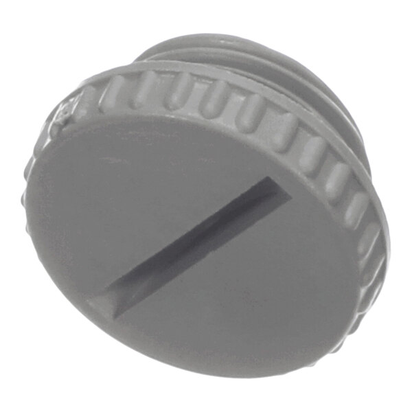 A round, gray plastic cap with a slotted top and ridged edges, likely designed to be screwed into place.