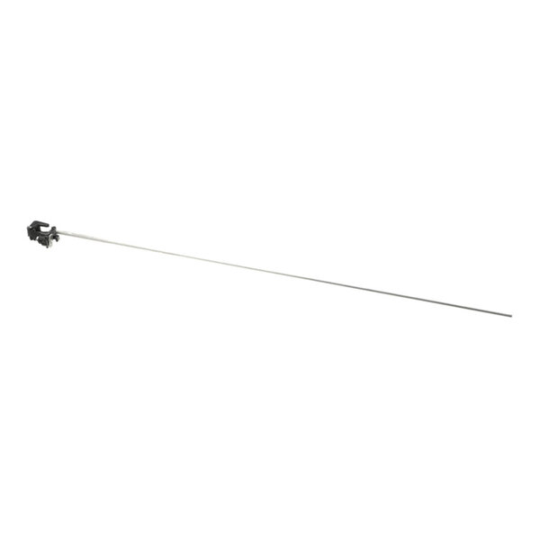 A long, thin metal rod with a small black mechanical component attached at one end, set against a white background.