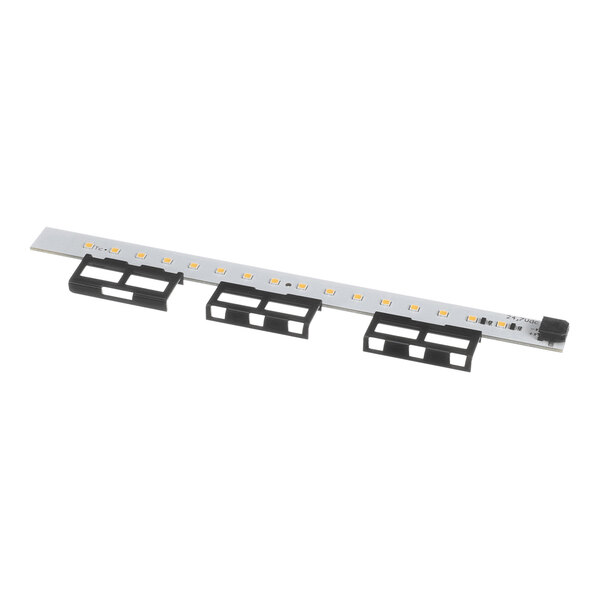 A slim LED bar with multiple small yellow LED lights and three black mounting brackets attached along its length.