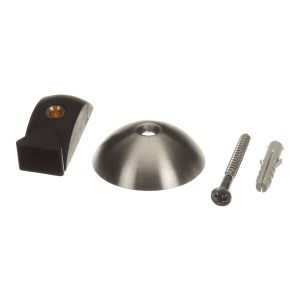 Four hardware components are shown: a black block with a metal insert, a brushed metal dome-shaped cover, a screw, and a plastic wall anchor.