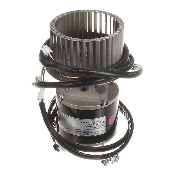 A cylindrical metal motor fan assembly with attached wiring and a label on the side.