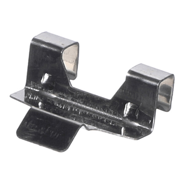 A small, metallic clip with two raised ends and a flat tab extending from one side.