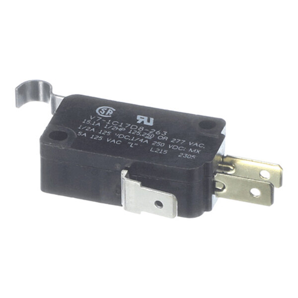 A small black rectangular electrical switch with a metal lever and three metal prongs.