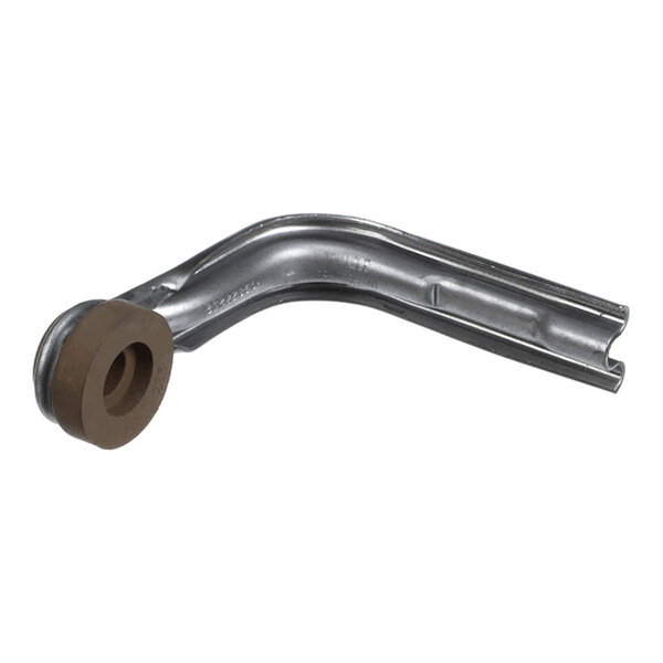 A metal arm with a curved shape and a brown circular grommet attached at one end.