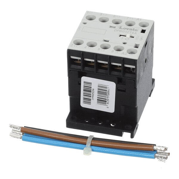 A black and white electrical contactor with multiple connection ports, accompanied by two insulated wires bundled together.