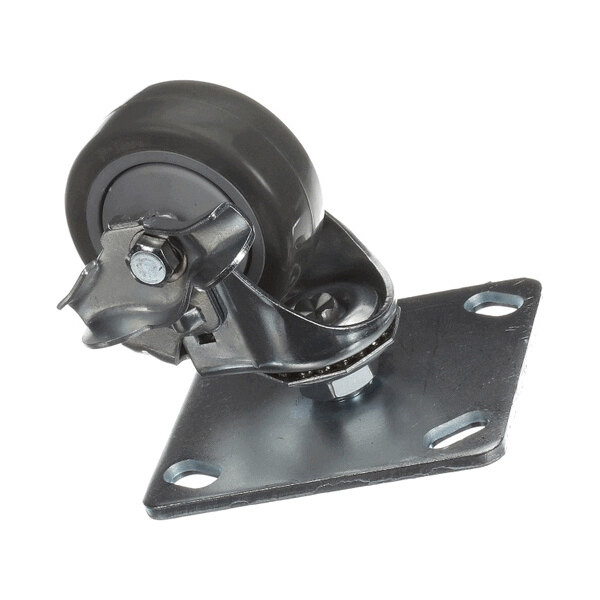 A metal swivel caster wheel with a locking mechanism and a rectangular mounting plate with four holes.