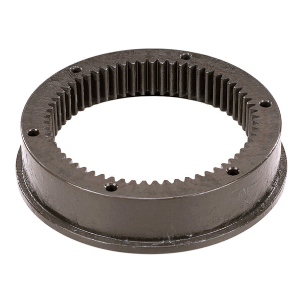 A circular metal ring with internal teeth and several evenly spaced holes around its flat surface.
