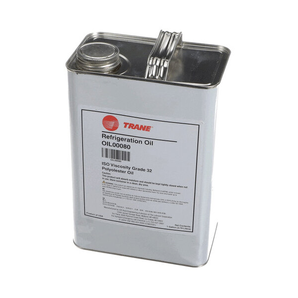 A rectangular metal canister with a screw cap and handle, labeled as Trane refrigeration oil.