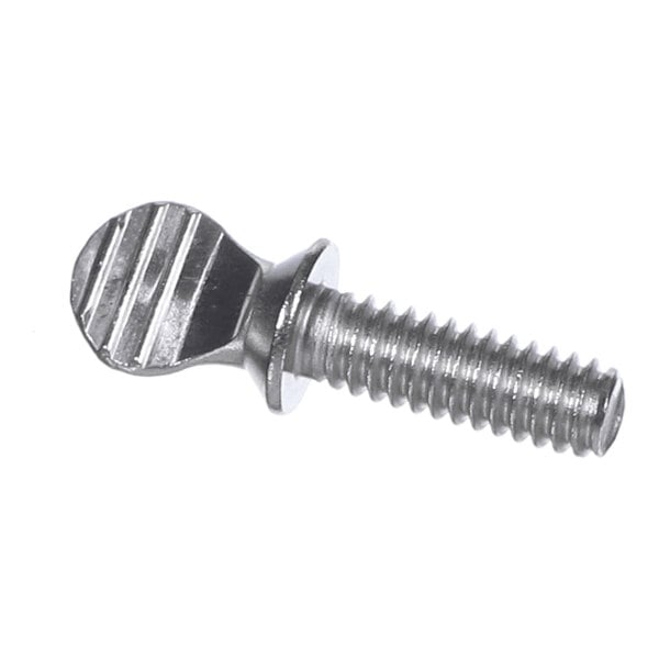 A metal screw with a flat, ridged head and threaded shaft.
