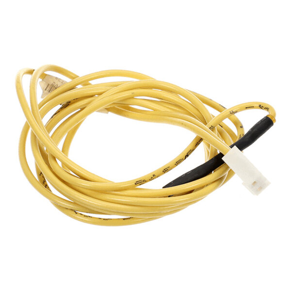 A coiled yellow cable with connectors on both ends, one of which is covered with black insulation.