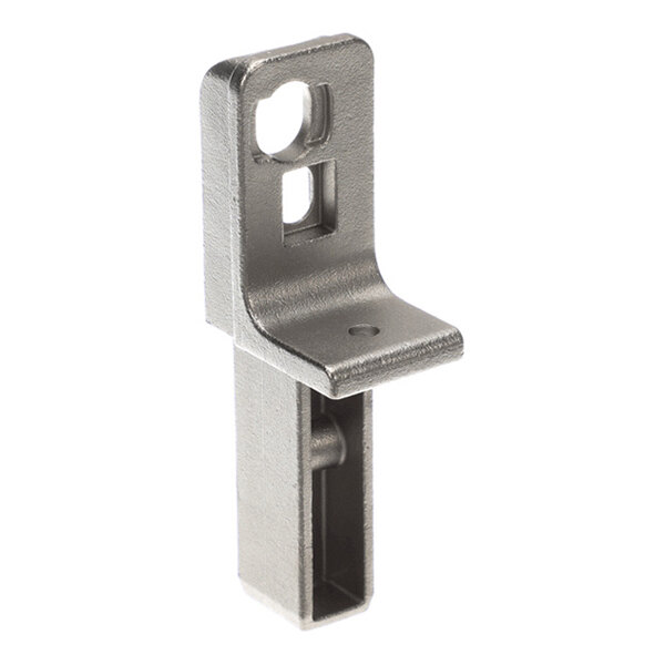 A metallic L-shaped bracket with two holes on the vertical section and one hole on the horizontal section, featuring a hollow rectangular base.