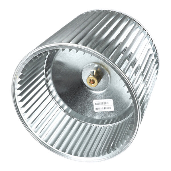 A cylindrical metal fan wheel with evenly spaced blades and a central mounting hub.