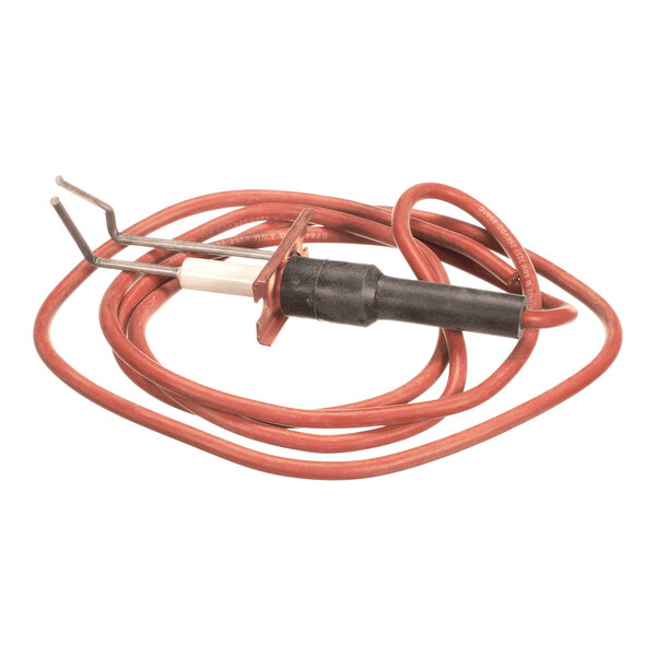 A red electrical ignitor with a black handle, metal prongs, and an attached coiled wire.