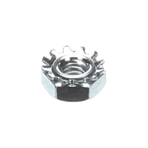 A metallic hexagonal nut with an attached external tooth lock washer.