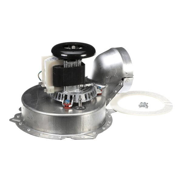 A metallic blower vent assembly with an attached motor and wiring, accompanied by a circular gasket and a small set of screws.